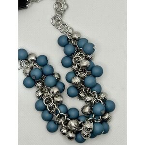 Blue and Silver tone Cluster Jewelry‎ Set Necklace And Earrings Beaded Women